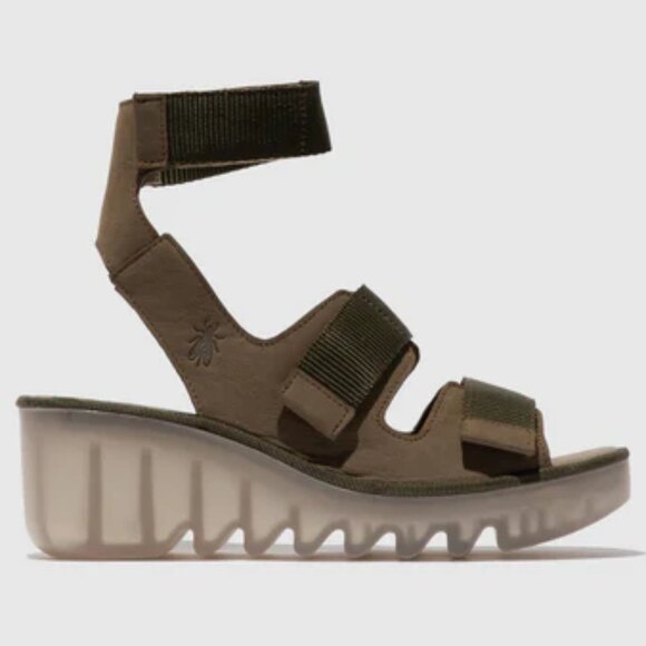 NEW FLY LONDON Made In Portugal Leather Bech Comfort Wedge Sandals khaki 864tn - Picture 2 of 10